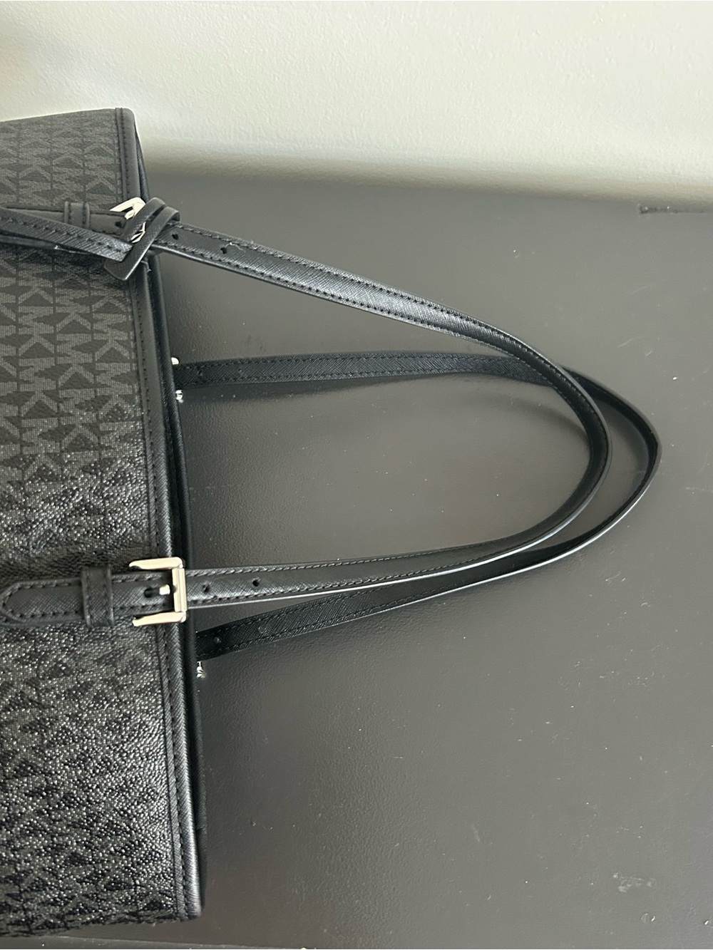 Michael Kors Black Jet Set Signature MK Tote Bag structured bag Silver Hardware - Picture 6 of 13